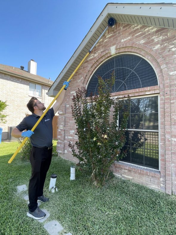 pest control technician removing a wasp nest from a home with a brush head against the home