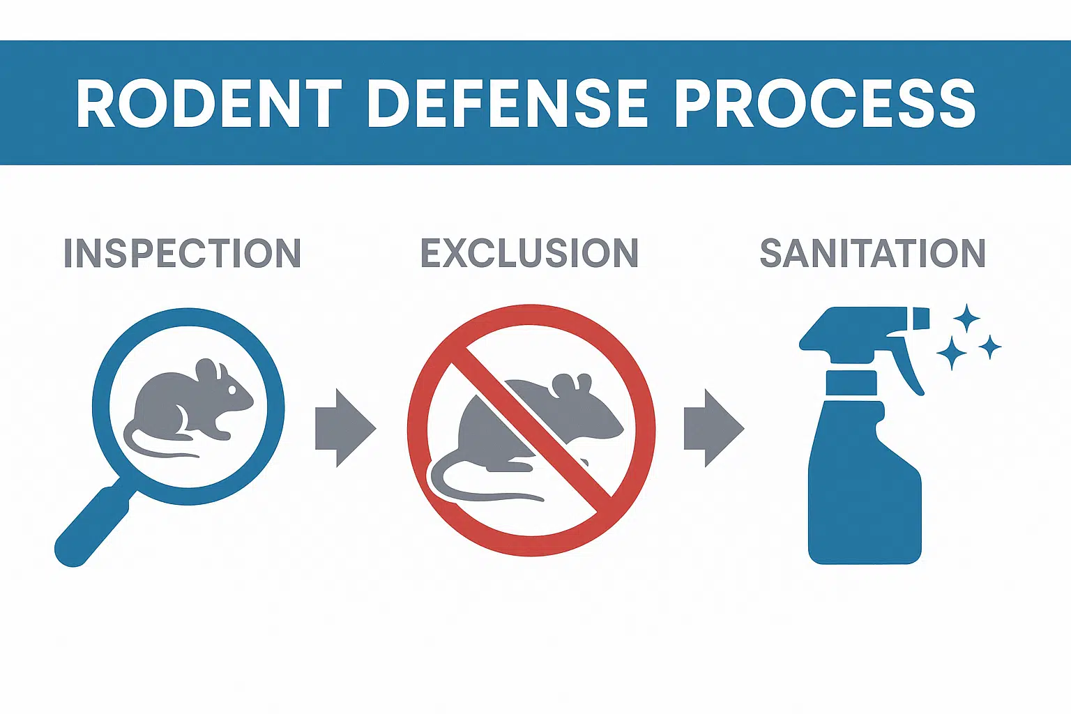 Rodent Defense Process infographic showing inspection, exclusion, and sanitation steps in Preferred Pest Managements rodent control system.