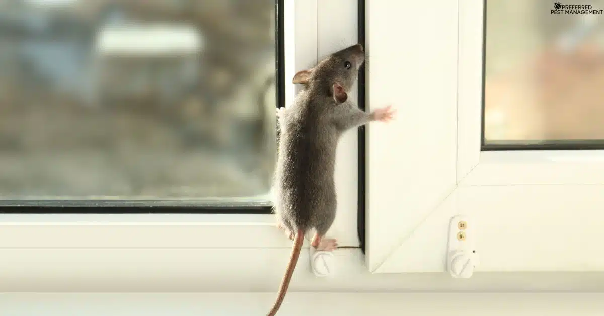 Mouse climbing on a window frame inside a Plano TX home